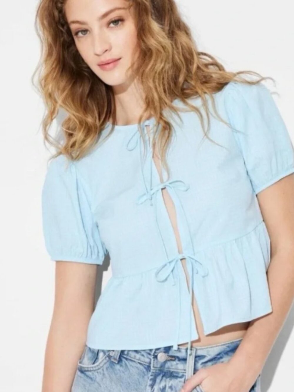 wild fable Pale Plaid Blue Tie-Front Peplum Blouse